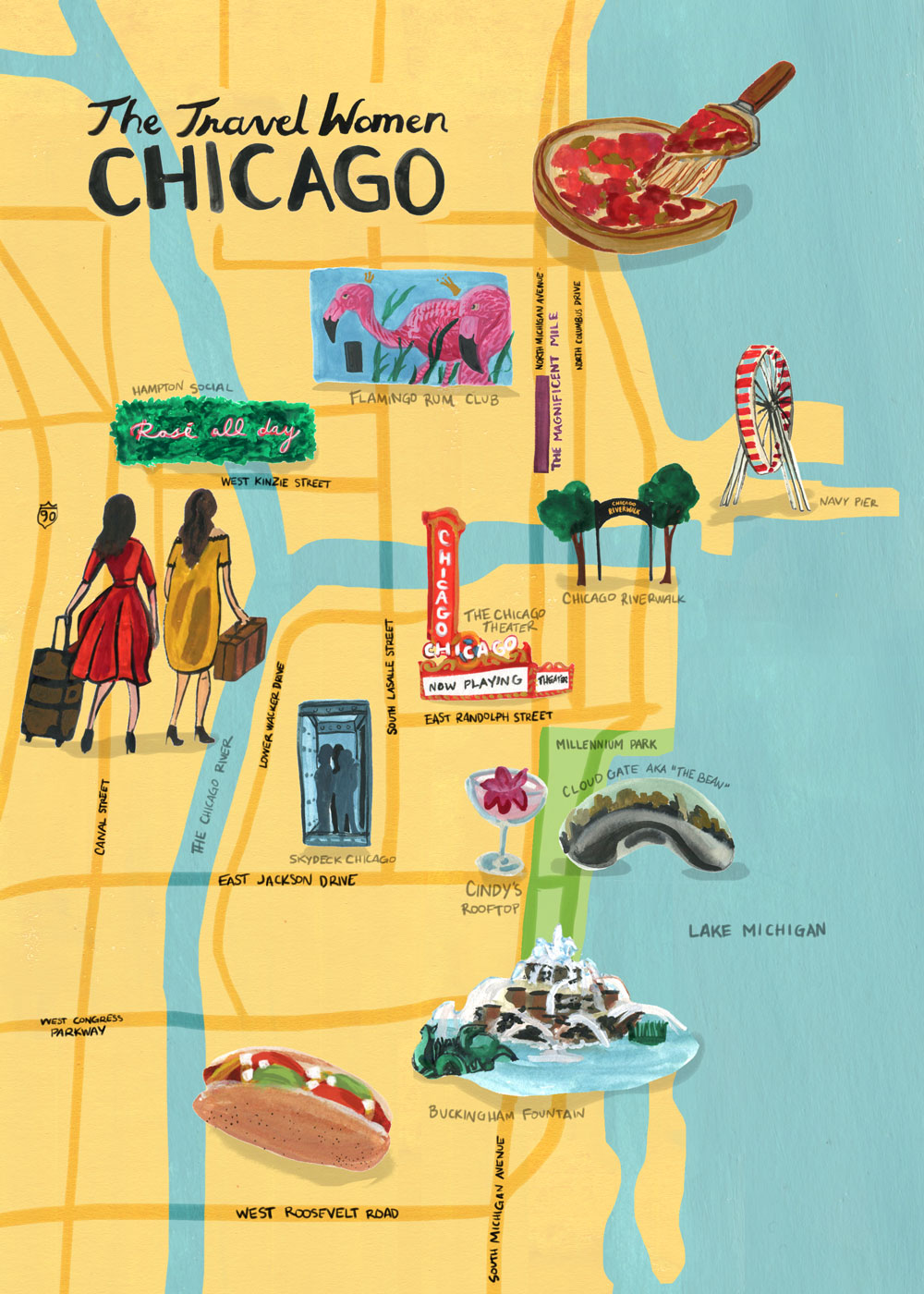 Illustrated map of Chicago with the top places to go and two women with suitcases 