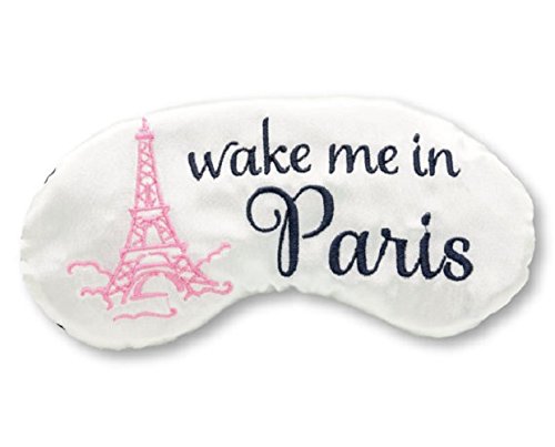 Satin sleep mask with pink eiffel tower reads wake me in Paris
