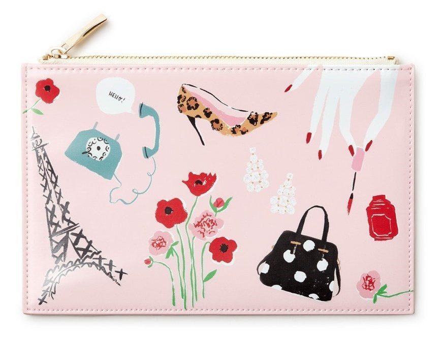 Pink pouch with Parisian shoe, flowers and eiffel tower