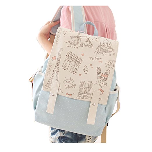 Blue backpack with white top cover with pattern of Parian drawings