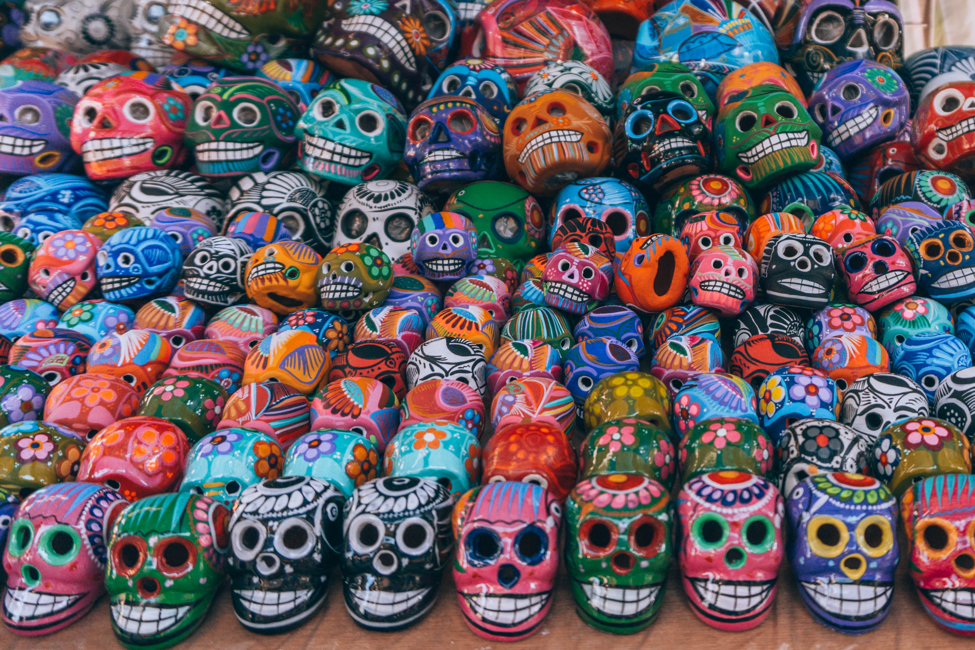 lines of colorful skulls for Mexico's Day of the Dead celebration 