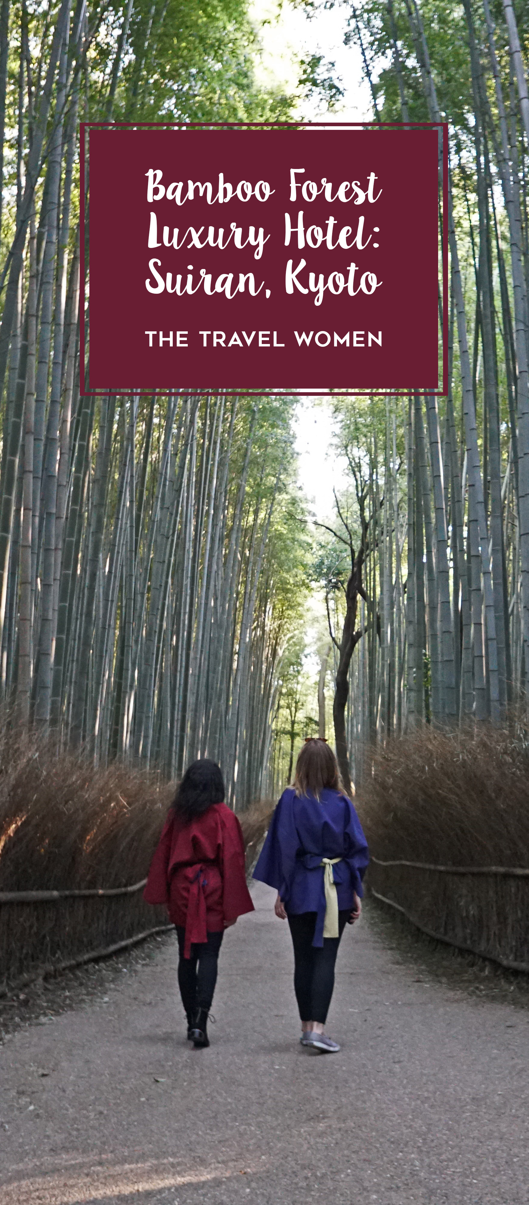 Suiran Kyoto title on image of two women in the bamboo forest 