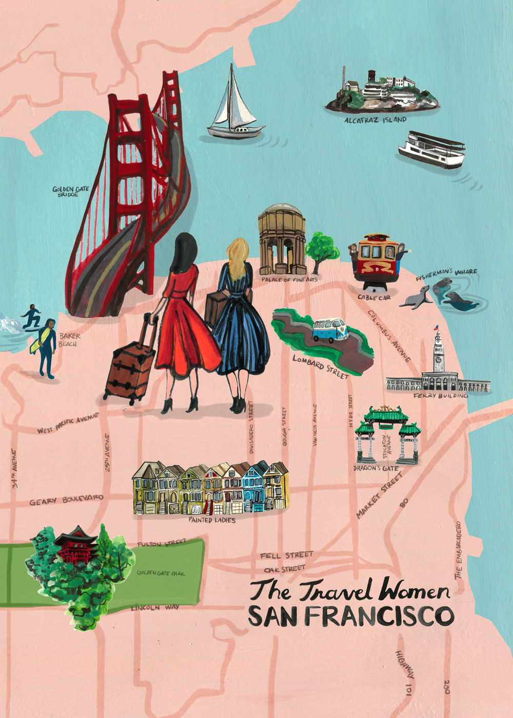 Illustrated pink map of top places in San Francisco