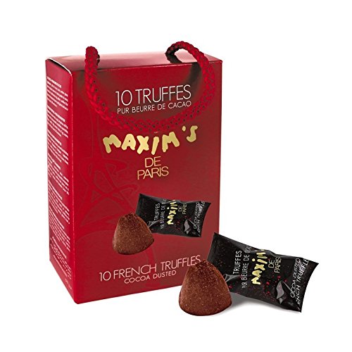 red box of Maxim's truffles with rope handle 