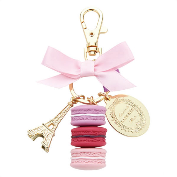 Gold Keychain with pink bow, eiffel tower and 3 pink and red macarons