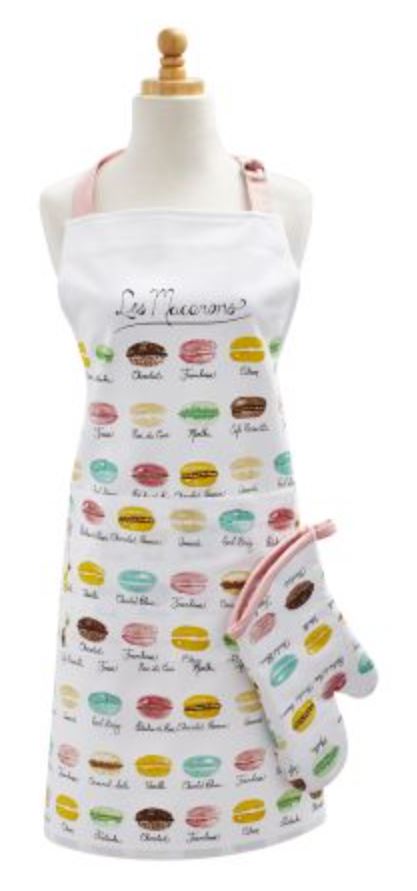 Apron with pattern of repeating macaron flavors and colors